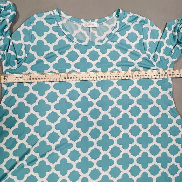 Lily Sky Dress Women's 3X Aqua Blue Midi Trellis Print Pockets 3/4 Bell Sleeves - Picture 3 of 12